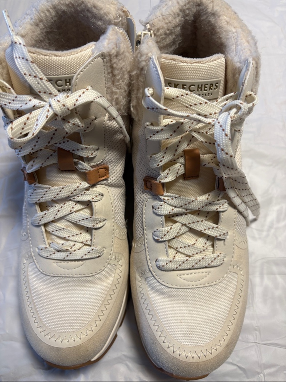 Skechers Cream Sherpa-Lined Lace-Up High-Top Sneakers with Tan Accents